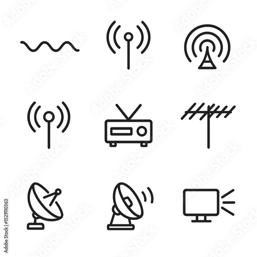 Frequency Band Icons. Outline icon set of frequency bands: VLF wave, LF signal, MF broadcast, HF transmission, VHF tuner, UHF