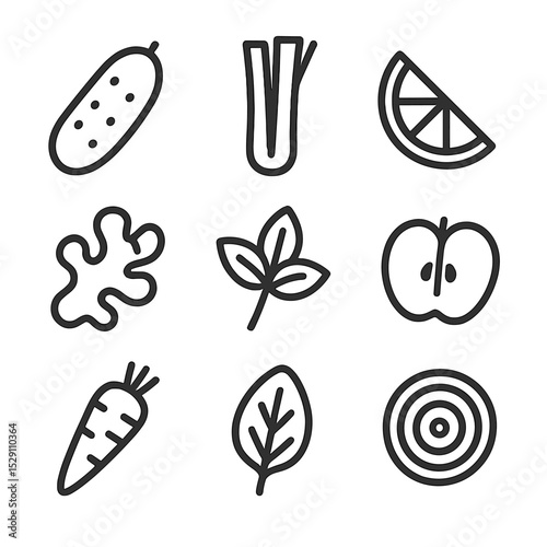 Fresh Juice Ingredients Icons. Outline icon set of fresh juice ingredients: cucumber, celery stalk, lemon wedge, ginger root, mint