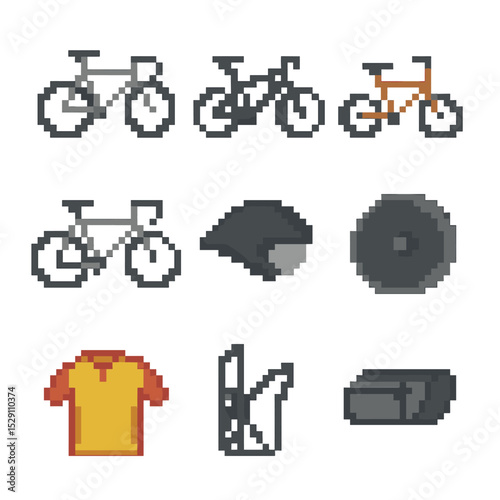 Cycling Sports Icons. Pixel art icon set of cycling sports: road bike, mountain bike, BMX bike, cyclocross bike, time trial helmet