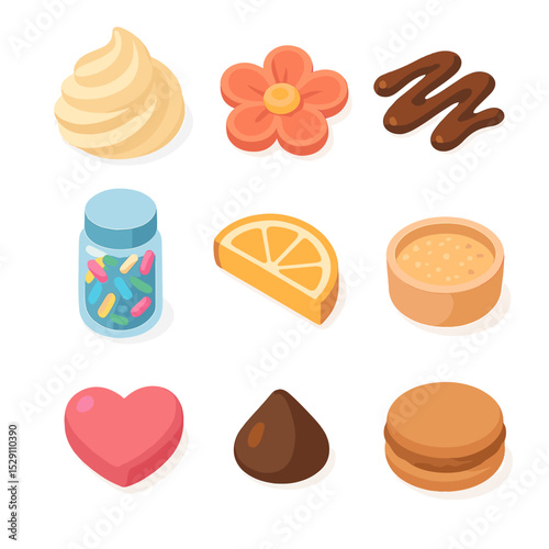 Frosting and Toppings Icons. Isometric Flat icon set of frosting and toppings: buttercream swirl, fondant flower, chocolate