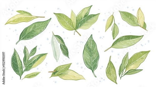 Fun cartoon vector illustration of bay leaves floating with small sparkles on white