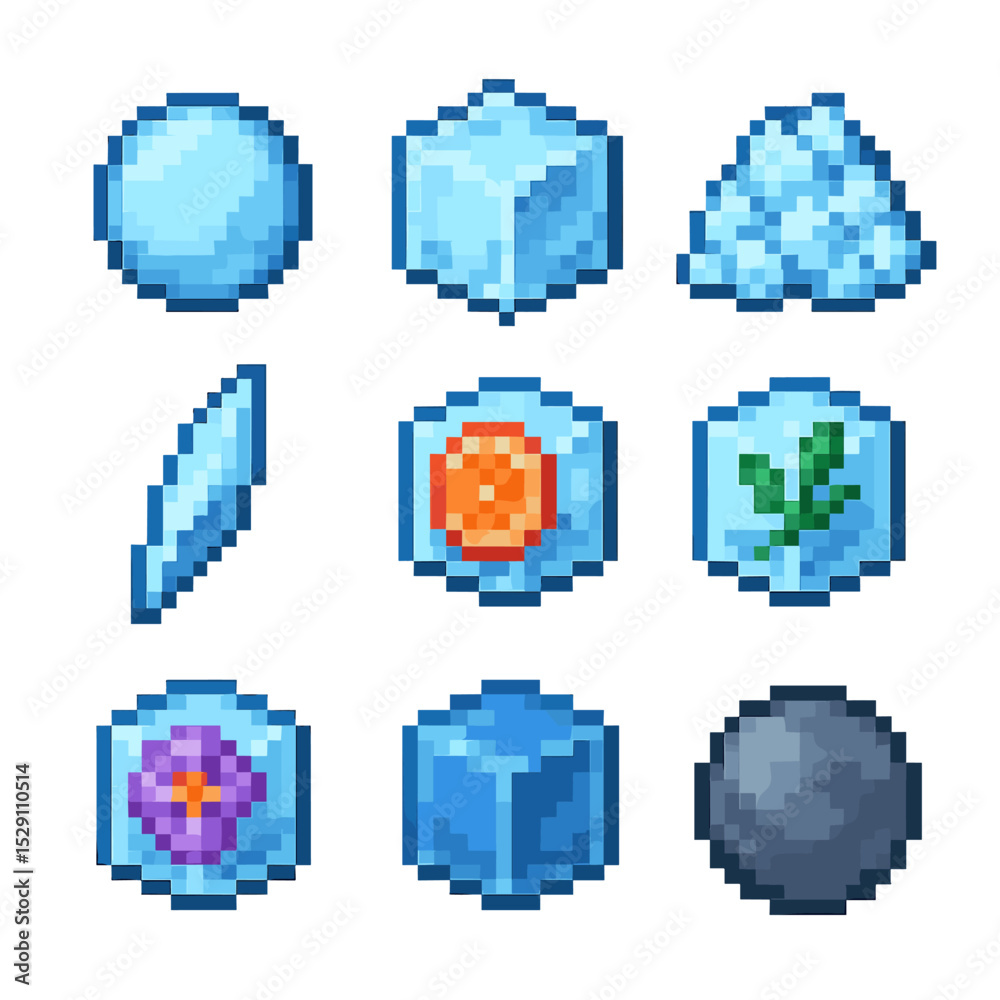 Fototapeta premium Decorative Ice Icon Set. Pixel art icon set of decorative ice: ice sphere, clear cube, crushed ice, ice shard, fruit-infused ice,