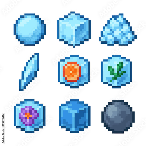 Decorative Ice Icon Set. Pixel art icon set of decorative ice: ice sphere, clear cube, crushed ice, ice shard, fruit-infused ice,