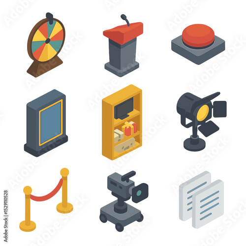Game Show Icons. Isometric Flat icon set of game show stage props: spinning wheel, podium lectern, buzzer button, contestant stand