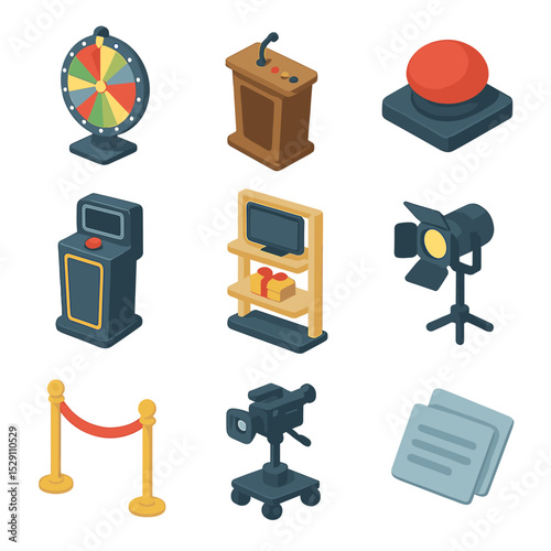 Game Show Icons. Isometric Flat icon set of game show stage props: spinning wheel, podium lectern, buzzer button, contestant stand