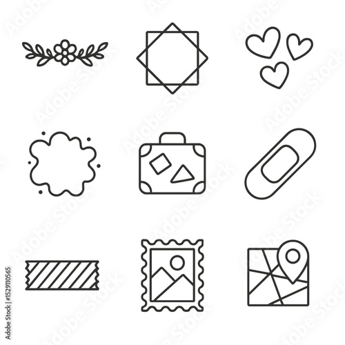 Decorative Motif Icons. Outline icon set of decorative motifs: floral border, geometric frame, doodle hearts, watercolor splash,