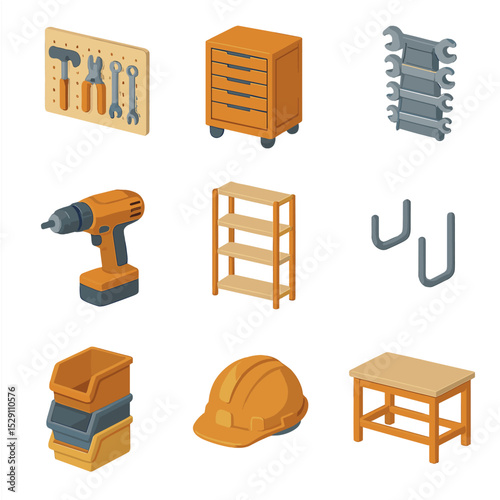 Garage Tool Organization. Isometric Flat icon set of garage tool storage organization: pegboard, tool chest, wrench set, power