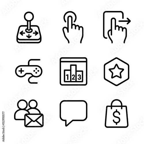 Gaming Icon Set. Outline icon set of gaming interactions: joystick move, button press, touchscreen swipe, gamepad connect,