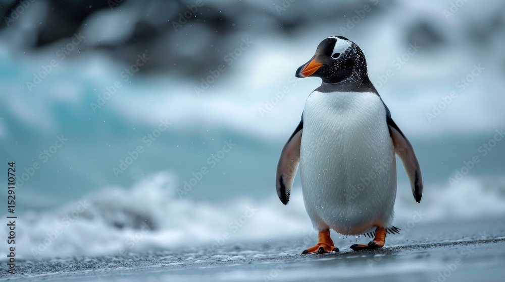 Fototapeta premium A delightful Gentoo penguin stands on a coastal shoreline, surrounded by a serene backdrop of water and gentle waves, showcasing the beauty of wildlife in its natural habitat.