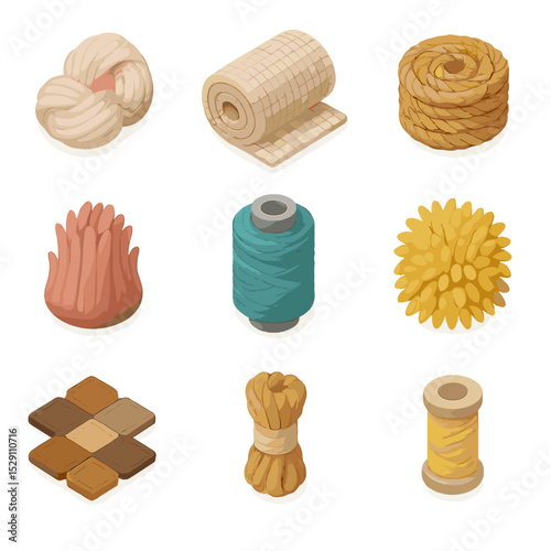 Geometric Rug Materials Icons. Isometric Flat icon set of geometric rug materials: wool fiber bundle, cotton weave roll, jute