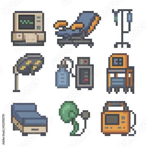 Delivery Room Equipment. Pixel art icon set of delivery room equipment: fetal monitor, delivery bed, IV stand, surgical lamp,
