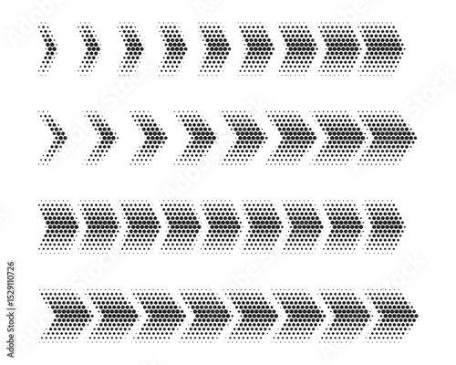 A collection of simple, halftone dotted, futuristic abstract black arrows is isolated on a transparent background. Graphic elements for the interface or graphic designs. Vector illustration