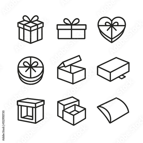 Gift Box Icons. Outline icon set of gift box types: cube box, rectangular box, heart-shaped box, round box, magnetic lid box,