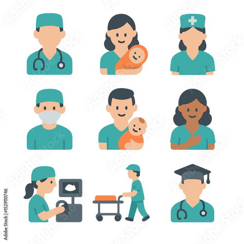 Delivery Staff Icons. Flat icon set of delivery staff roles: obstetrician, midwife, nurse, anesthesiologist, pediatrician, doula,