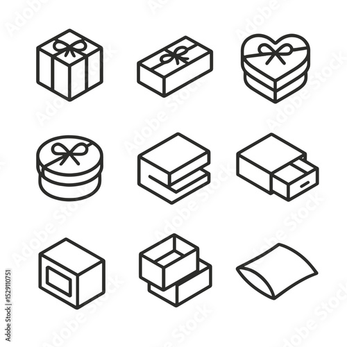 Gift Box Icons. Outline icon set of gift box types: cube box, rectangular box, heart-shaped box, round box, magnetic lid box,