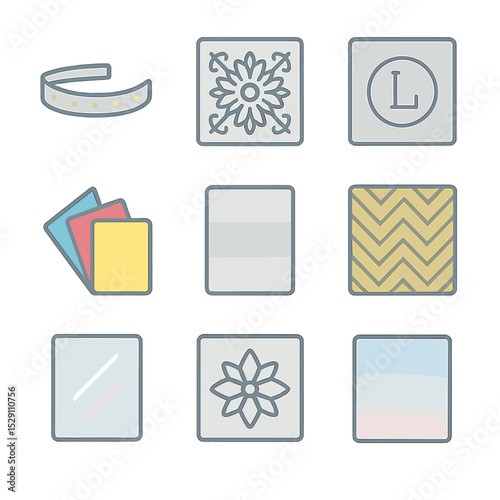 Design Icon Set. Flat icon set of design embellishments: LED strip, etched pattern, logo engraving, color film, frosted band,