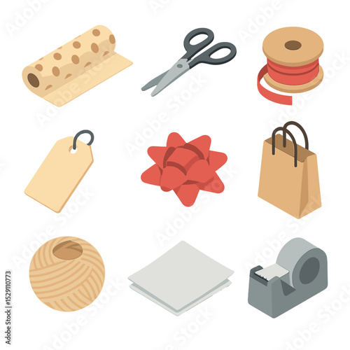 Gift Wrapping Icons. Isometric Flat icon set of gift wrapping station: wrapping paper roll, scissors, ribbon spool, tape dispenser