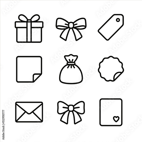 Gift Icons Grid. Outline icon set of packaging and gifting: gift box, ribbon tie, gift tag, tissue paper, cellophane bag, sticker