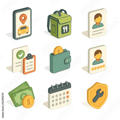 Gig Economy Icons. Isometric Flat icon set of gig economy platforms: ride-share app, food delivery bag, freelance profile, task