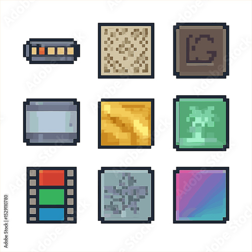 Design Embellishments Icons. Pixel art icon set of design embellishments: LED strip, etched pattern, logo engraving, color film,