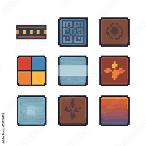 Design Embellishments Icons. Pixel art icon set of design embellishments: LED strip, etched pattern, logo engraving, color film,