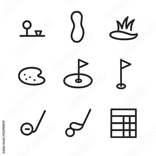 Golf Icon Set. Outline icon set of golf holes: tee box, fairway, rough, bunker, green, flagstick, hole cup, putter path,