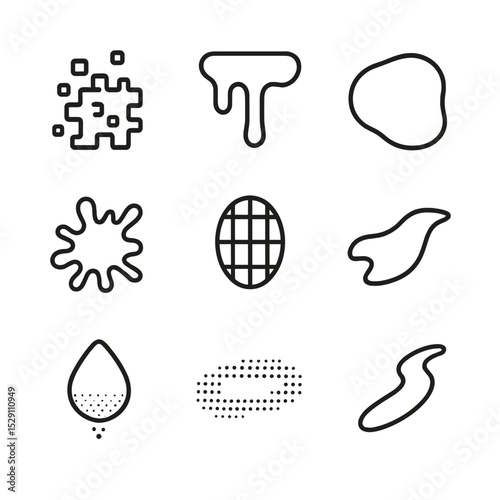 Digital Paint Icons. Outline icon set of digital paint effects: pixel splatter, vector drip, brush stroke blob, mask spill,