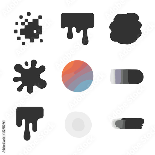 Digital Paint Icons. Flat icon set of digital paint effects: pixel splatter, vector drip, brush stroke blob, mask spill, gradient