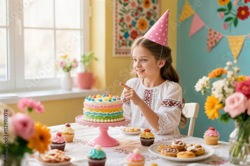 happy child in cone doing idea gesture at table happy birthday cake concept niño feliz en el cono haciendo gesto idea en la mesa concepto pastel cumpleaños enfant heureux dans un cône faisant un geste