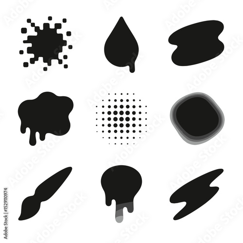 Digital Paint Icon Set. Solid, Filled icon set of digital paint effects: pixel splatter, vector drip, brush stroke blob, mask