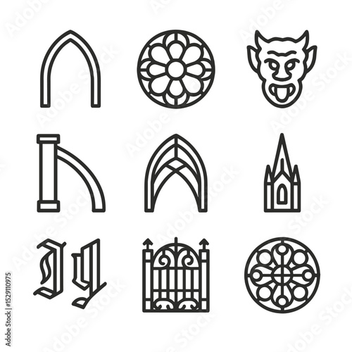 Gothic Architecture Icon Set. Outline icon set of Gothic architecture details: pointed arch, stained glass circle, gargoyle head,