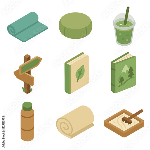 Golf & Wellness Icons. Isometric Flat icon set of golf & wellness retreats: yoga mat, meditation cushion, green smoothie cup,