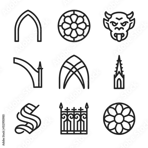 Gothic Architecture Icon Set. Outline icon set of Gothic architecture details: pointed arch, stained glass circle, gargoyle head,