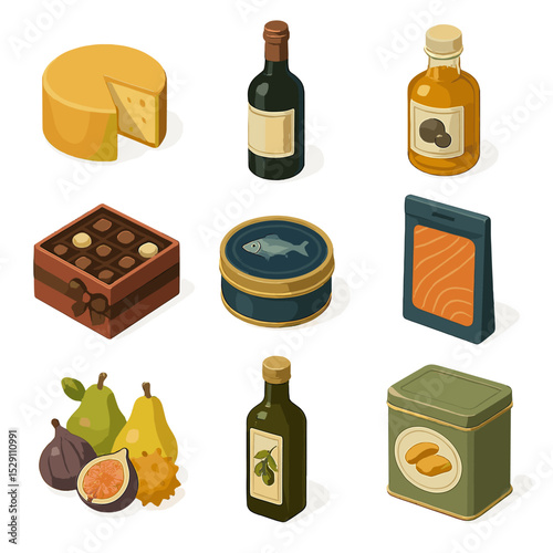 Gourmet Gift Icons. Isometric Flat icon set of gourmet gift baskets: artisan cheese wheel, vintage wine bottle, truffle oil jar,