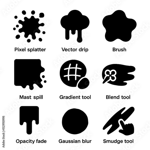 Digital Paint Icon Set. Solid, Filled icon set of digital paint effects: pixel splatter, vector drip, brush stroke blob, mask