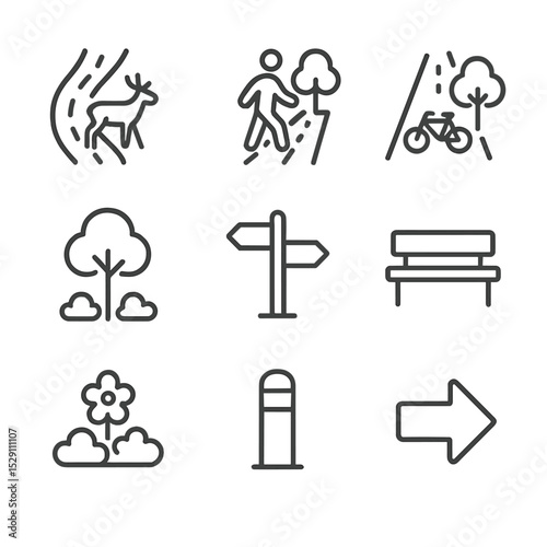 Green Corridors Icons. Outline icon set of green corridors planning: wildlife corridor, pedestrian path, bicycle lane, tree canopy