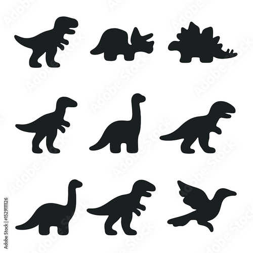 Dinosaur Icon Grid. Solid, Filled icon set of iconic dinosaurs: tyrannosaurus rex, triceratops, stegosaurus, velociraptor,