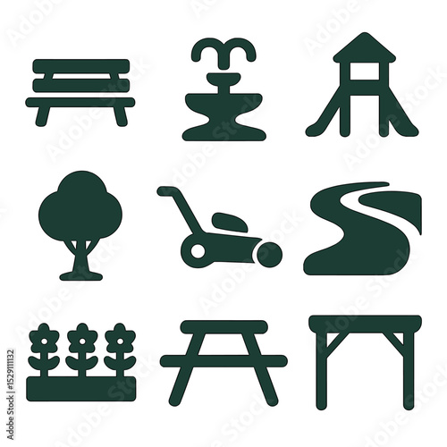 Green Spaces Icons. Solid, Filled icon set of green spaces and parks: bench, fountain, playground, tree, lawn mower, walking path,