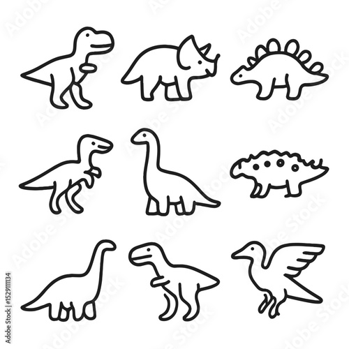 Dinosaur Icon Set. Outline icon set of iconic dinosaurs: tyrannosaurus rex, triceratops, stegosaurus, velociraptor, brachiosaurus,