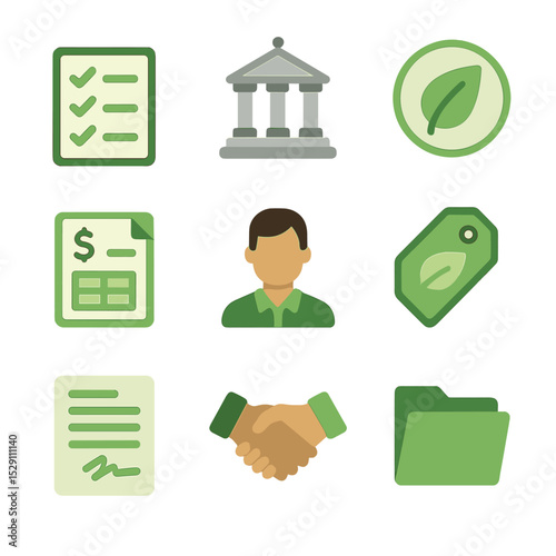 Green Procurement Icons. Isometric Flat icon set of green procurement policies: checklist, government building, leaf emblem,