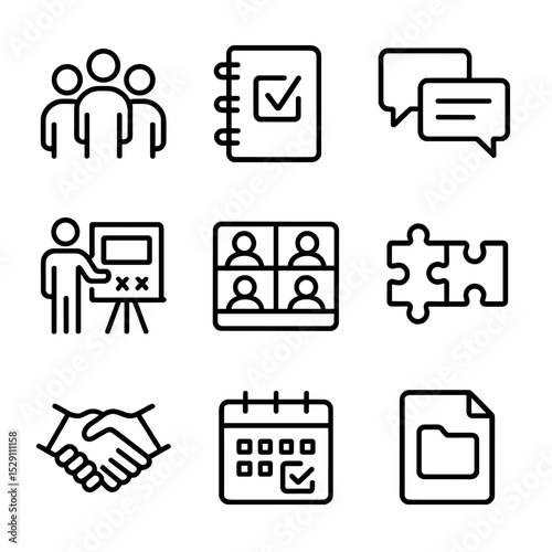 Group Collaboration Icons. Outline icon set of group study and collaboration: group of students, shared notebook, chat bubbles,