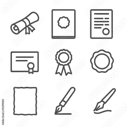 Diploma Icon Set. Outline icon set of diploma and credentials: diploma scroll, diploma cover, transcript sheet, degree certificate