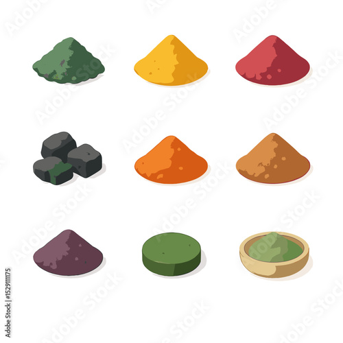 Isometric Icon Grid. Isometric Flat icon set of salad bowl proteins: grilled chicken, boiled egg, tofu cubes, shrimp, chickpeas,