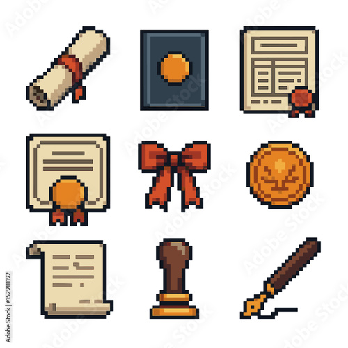 Diploma Icon Grid. Pixel art icon set of diploma and credentials: diploma scroll, diploma cover, transcript sheet, degree