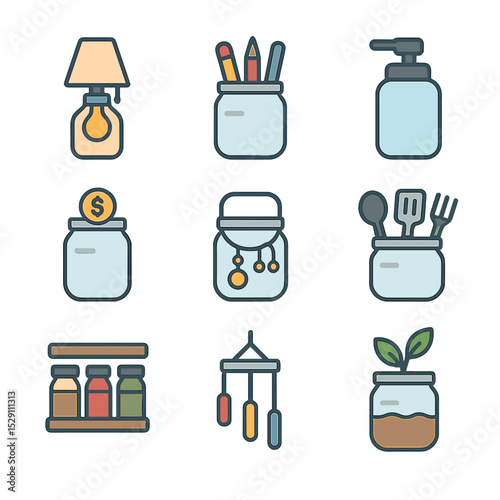 DIY Jar Icon Set. Flat icon set of jar DIY projects: upcycled lamp jar, pencil holder, soap dispenser, coin bank, jewelry