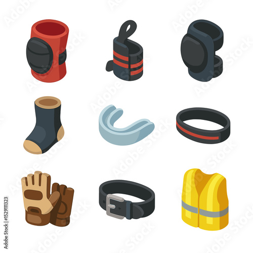 Gym Safety Gear Icons. Isometric Flat icon set of gym safety gear: kneepad, wrist wrap, elbow pad, ankle support, mouthguard,