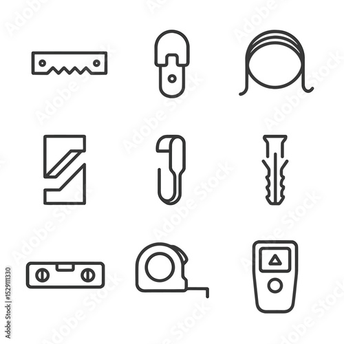 Hanging Hardware Icons Grid. Outline icon set of hanging hardware: sawtooth hook, D-ring hanger, picture wire, French cleat, rail