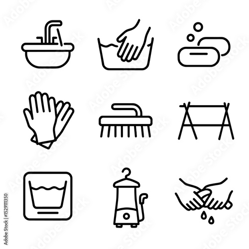 Handwashing Icons Set. Outline icon set of handwashing garments: sink, water tub, soap bar, gloves, scrubbing brush, drying rack,