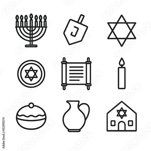 Hanukkah Icon Set. Outline icon set of Hanukkah symbols: menorah, dreidel, Star of David, gelt coin, Torah scroll, blue candle,