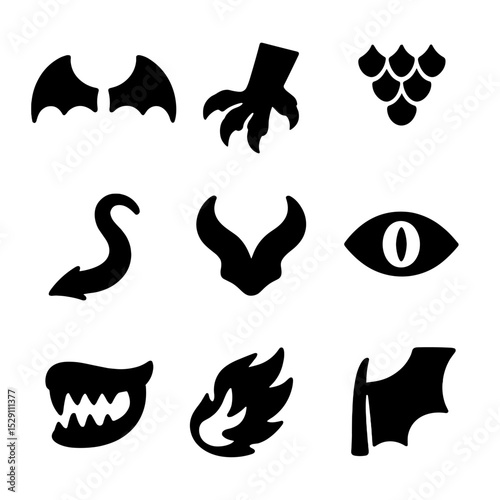 Dragon Anatomy Icons. Solid, Filled icon set of dragon anatomy: wings, claws, scales, tail, horns, eyes, teeth, fire breath, wing